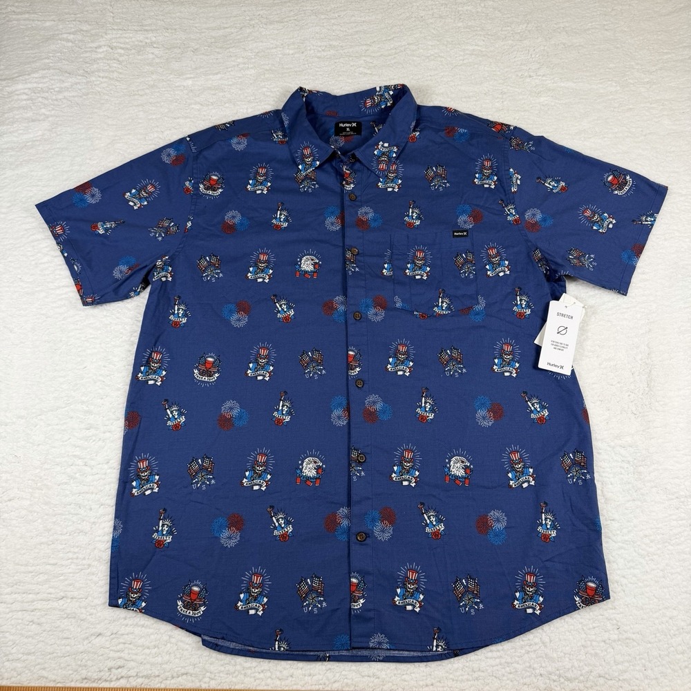 Hurley Americana Fireworks Shirt Mens XL NWT Stretch USA Liberty Skull Button Up